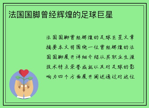 法国国脚曾经辉煌的足球巨星